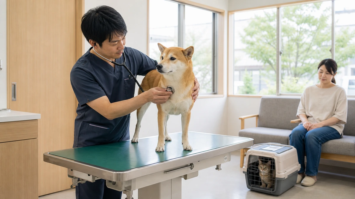 滋賀県の動物病院併設ペットホテルで獣医師が犬の聴診をしている様子、待合室には診察を待つ猫のケージも見える