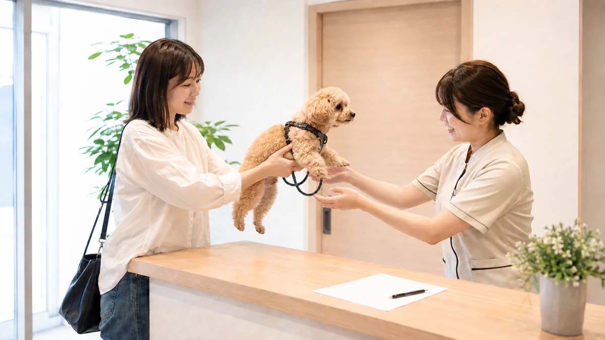 日中のペットホテルの受付カウンターで、リードをつけた小型犬を抱えた飼い主がスタッフに引き渡している場面。カウンターには受付用紙とボールペンが置かれている