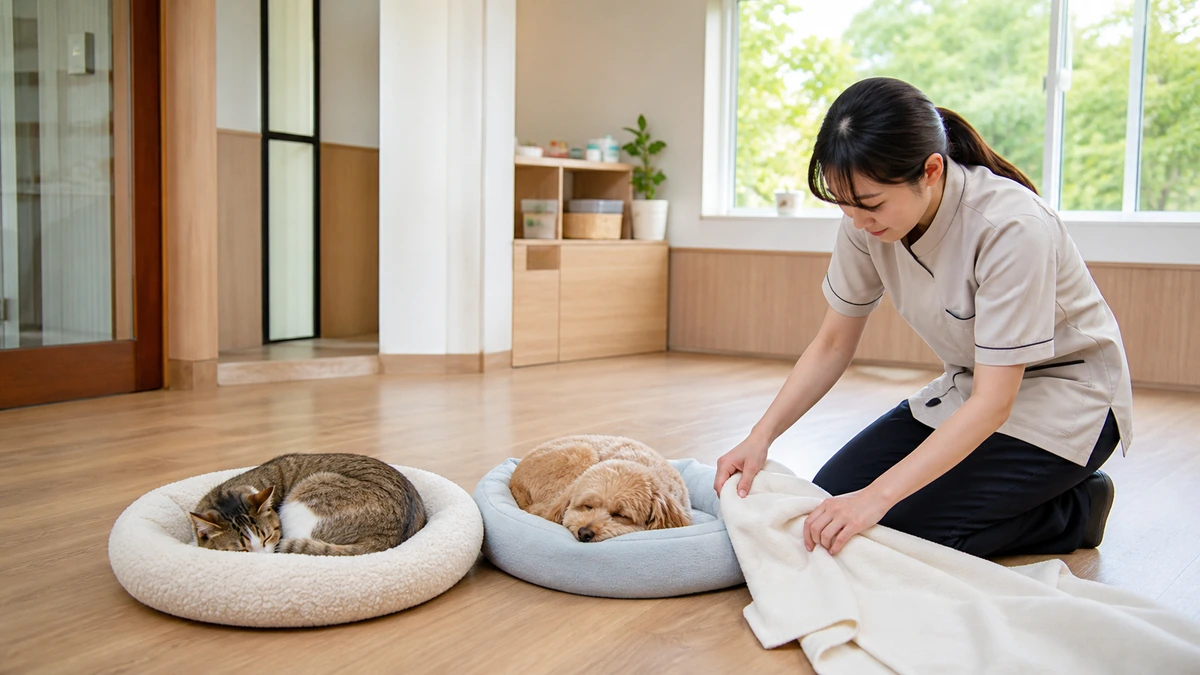 栃木県のトリミングサロン兼ペットホテルで丸くなる猫と犬