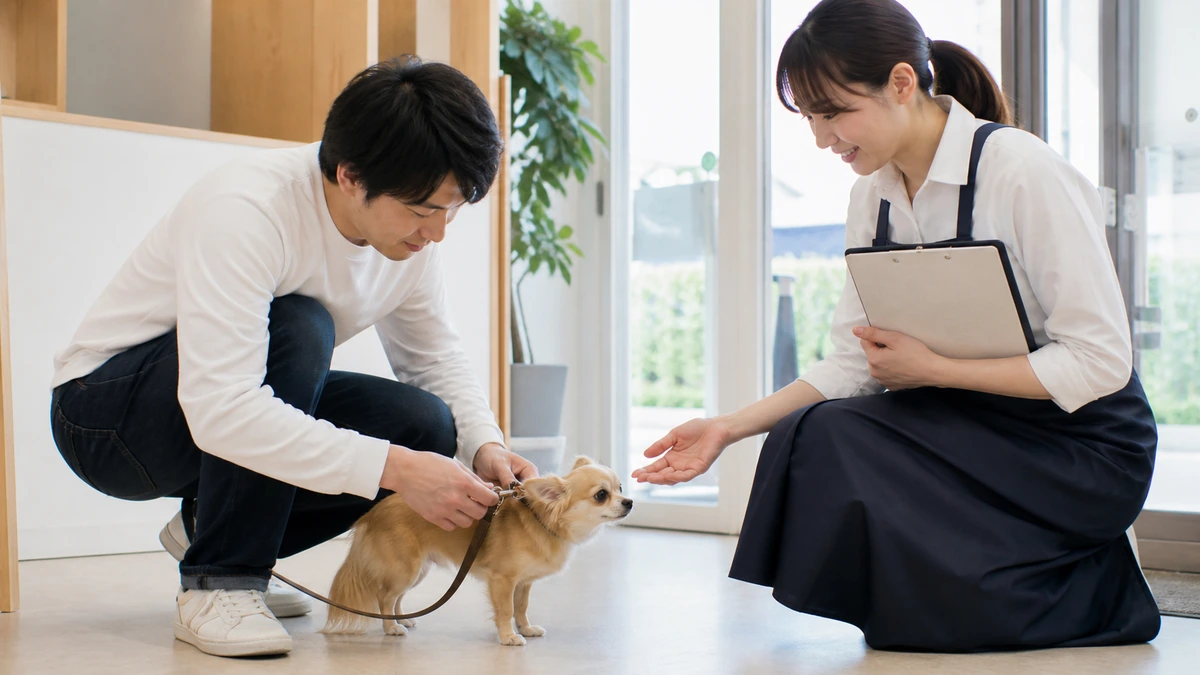朝の受付で、しゃがんで小型犬のリードを外す飼い主と、待つスタッフ