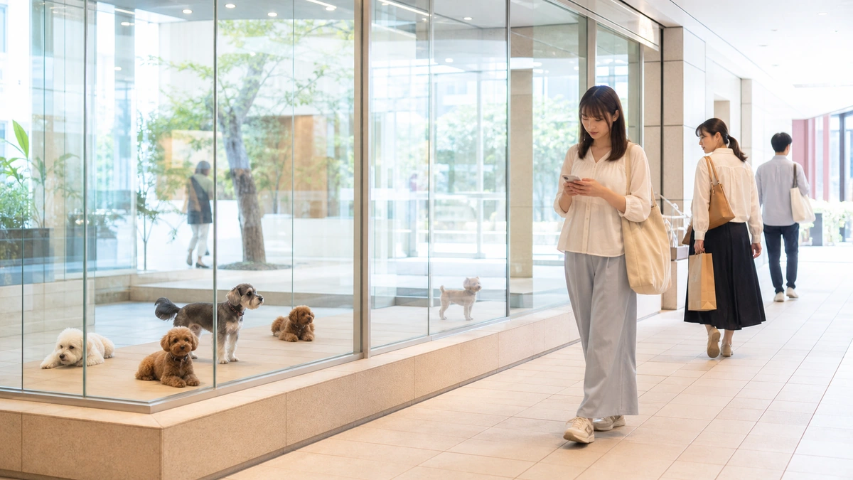 ショッピングモールの明るい通路に面したペットサロン。ガラスの内側の一段高い台で犬が休んでいる