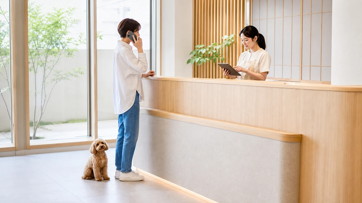受付でスマートフォンで電話をかける飼い主と、タブレットを確認するスタッフ。足元に犬が座っている