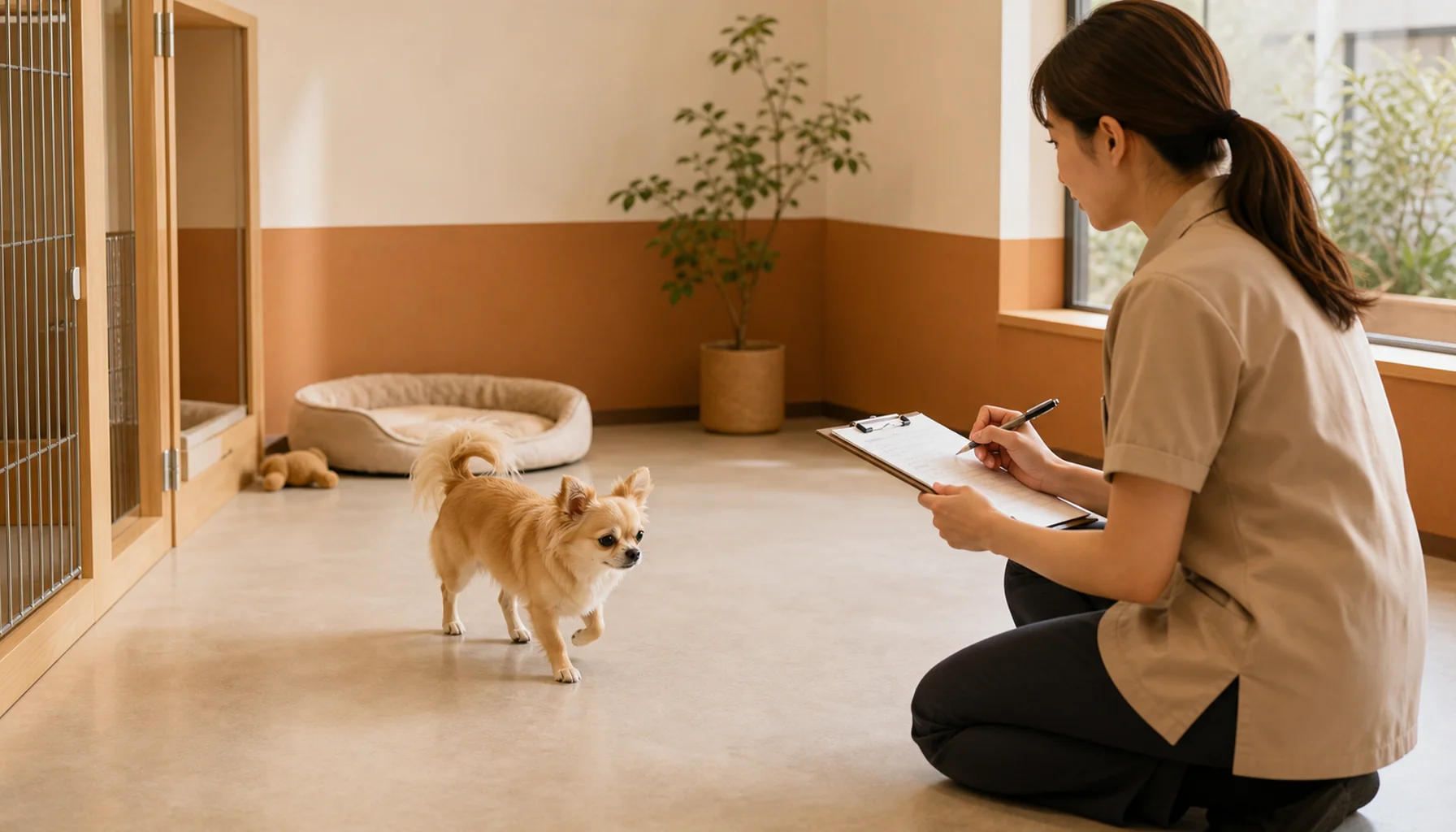 預け可否を評価するスタッフと小型犬