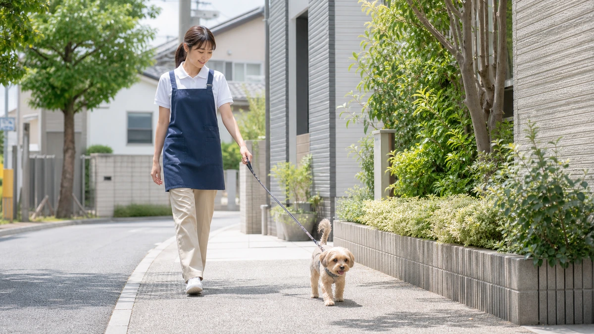 ペットホテルのスタッフが小型犬をリードで連れて、昼間の住宅街の歩道を歩いている。犬は尾を上げて前を向いている