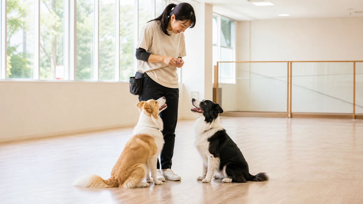屋内のドッグランで、中型犬が2頭並んでスタッフの足元に座っている。窓から明るい光が差し込む広い床の部屋