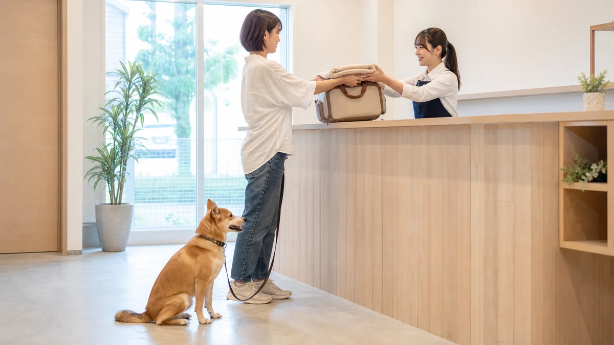 ペットホテルの受付カウンターで、スタッフが飼い主から持参した荷物を受け取っている。足元に中型犬が座っている