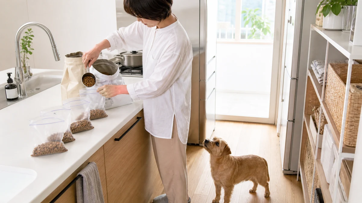 自宅のキッチンでフードを小分けの袋に取り分ける飼い主。足元で犬が見上げている